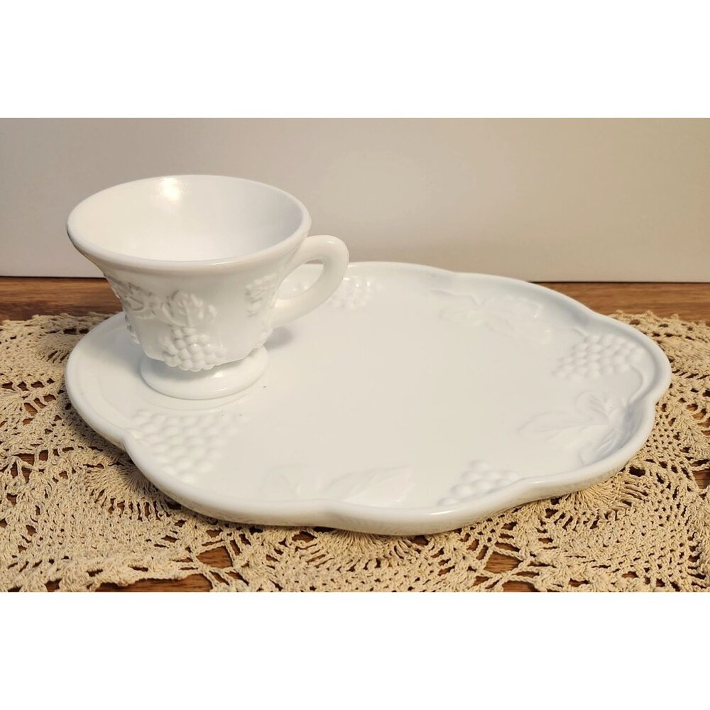 Luncheon Set Vintage Milk Glass Colony Harvest Oval Snack Plate & Footed Tea Cup